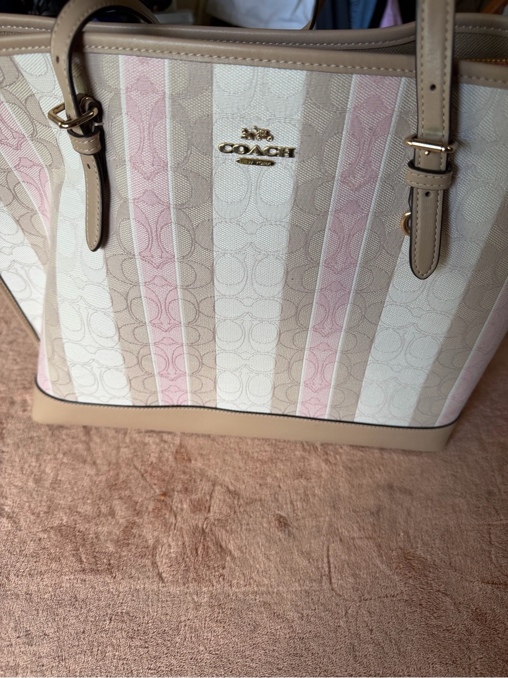 Coach Striped Signature Tote in Pink, Cream & Tan